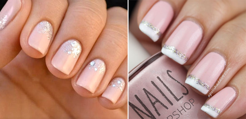 examples of nails with neutral polish and silver glitter