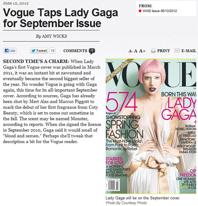 Gaga Covers Vogue September 2012. WWD Using JustJared Photo