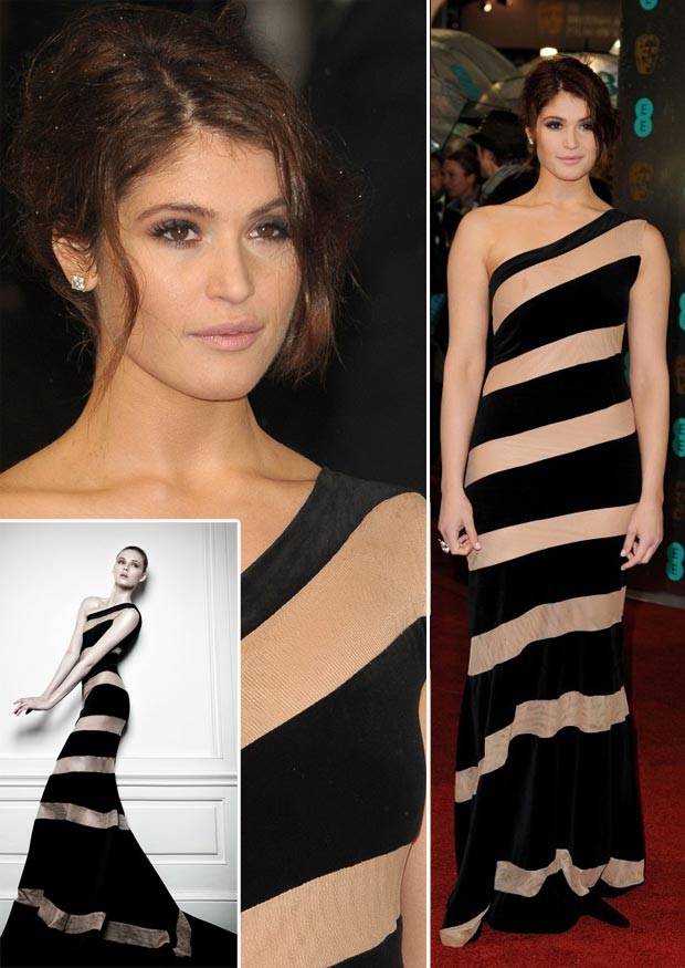 Gemma Arterton striped black dress 2013 BAFTA