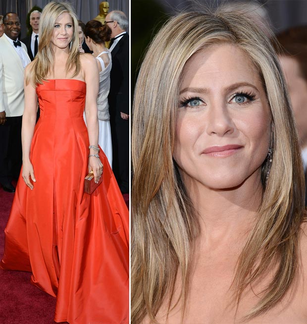 Jennifer Aniston red dress makeup 2013 Oscars