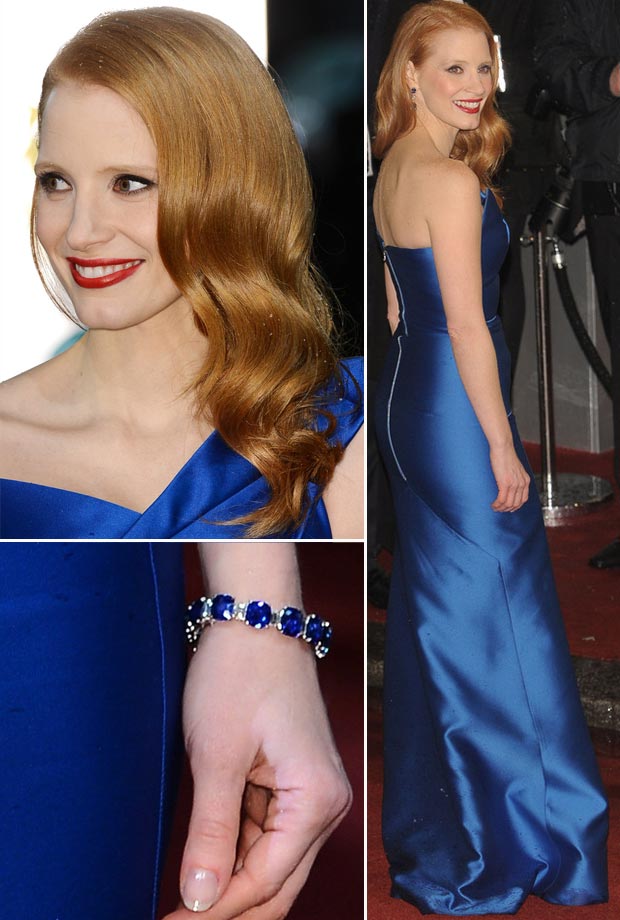 Jessica Chastain blue dress makeup jewelry 2013 BAFTA