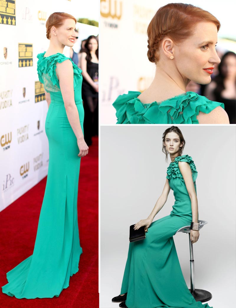 Jessica Chastain Nina Ricci green dress braided hairdo Critics Choice Awards