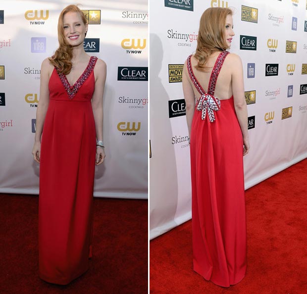 Jessica Chastain Prada red dress Critics Choice Awards 2013