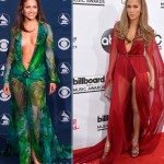 JLo red carpet dresses Grammy green Versace red Donna Karan Billboard