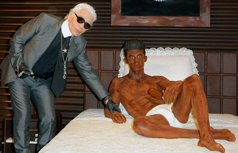 Karl Lagerfeld Not Behind Books Perfume. Doing Chocolate Sculpture Of Baptiste Giabiconi