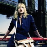 Kate Moss Longchamp advertising white and beige messenger handbag