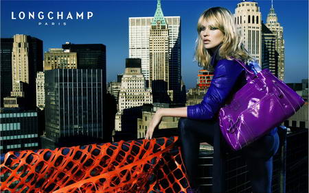 Kate Moss Longchamp advertising purple handbag
