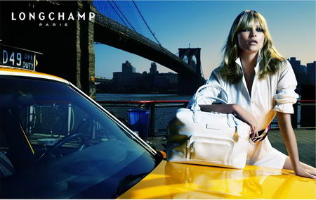 Kate Moss Longchamp advertising white handbag
