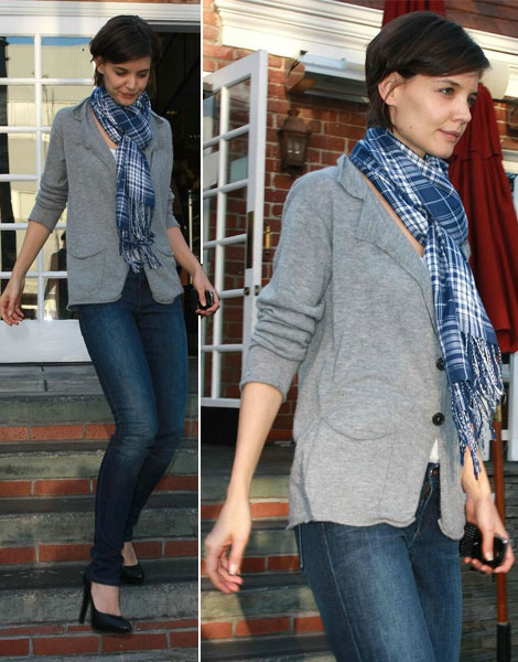Questionable Style: Katie Holmes Blue Tartan Scarf