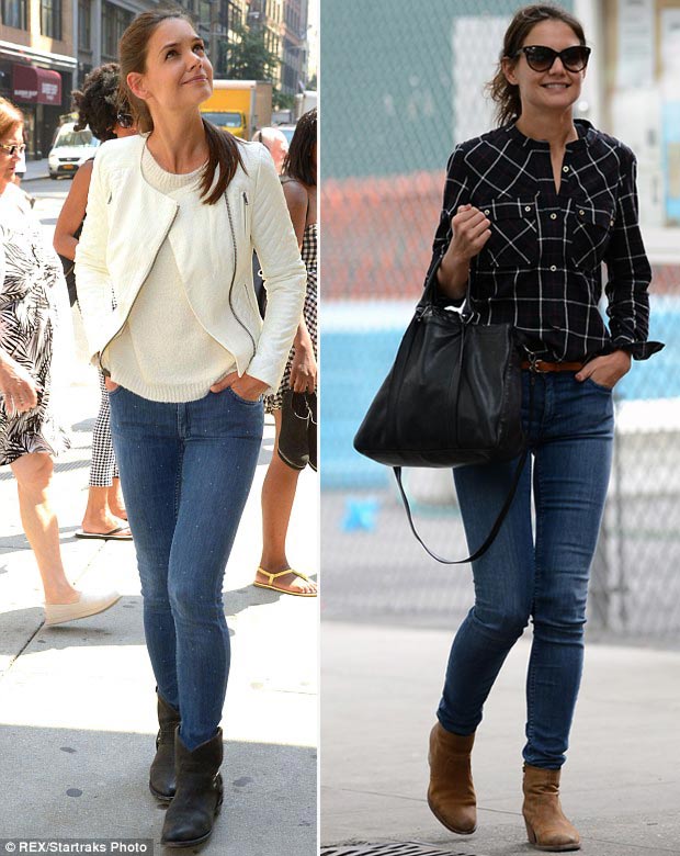 Katie Holmes casual skinny jeans boots