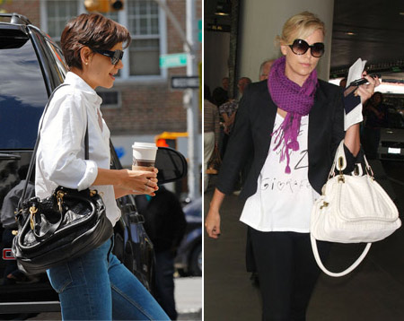 Katie Holmes and Charlize Theron wearing Chloe Python Paraty Bag black and white