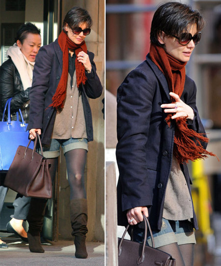 Katie Holmes wearing short jeans and Birkin bag