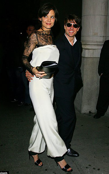 Katie Holmes white jumpsuit All My Sons premiere with Tom Cruise