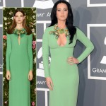 Katy Perry 2013 Grammy cleavage fail Gucci green dress