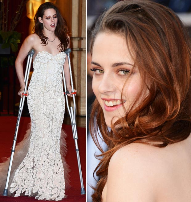 Kristen Stewart white dress crutches 2013 Oscars