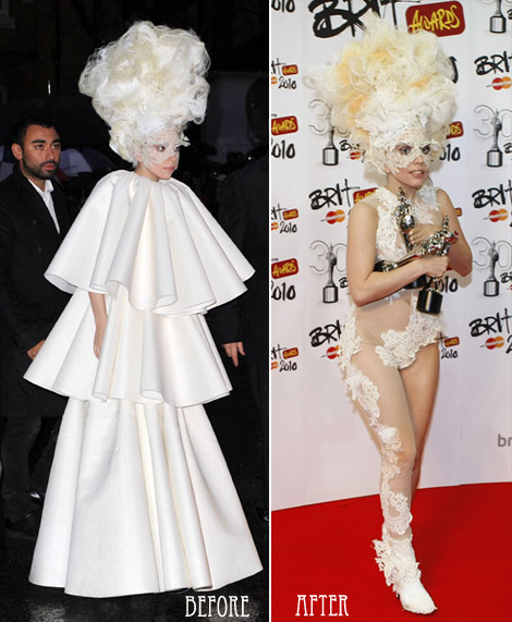 Lady Gaga white dress Brits 2010
