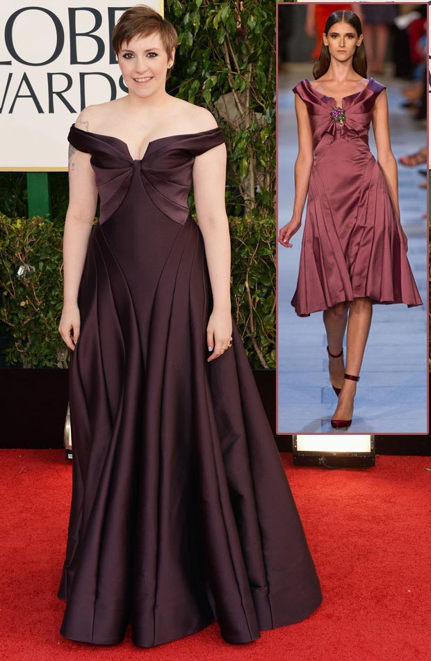 Lena Dunham Zac Posen maroon dress 2013 Golden Globes