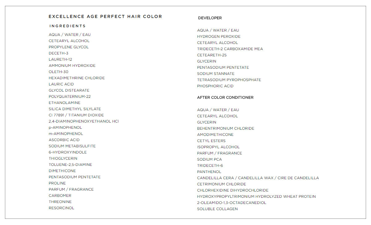 l oreal paris hair dye ingredients list