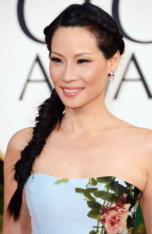 Lucy Liu 2013 Golden Globes makeup jewelry hairdo
