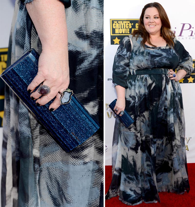 Melissa McCarthy dress jewelry clutch 2014 Critics Choice Awards