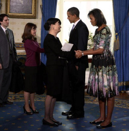 Michelle Obama Barack Obama White House first day Tracy Feith dress