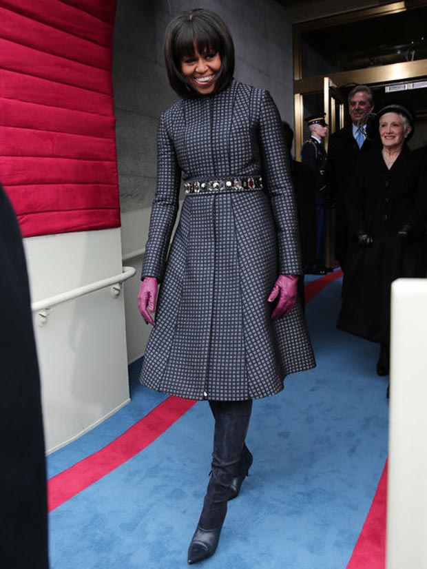 Michelle Obama blue coat dress Thom Browne JCrew belt