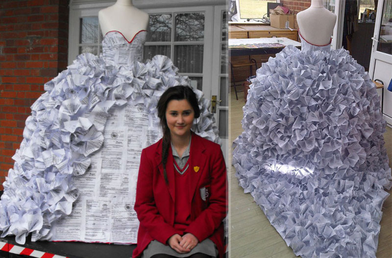paper wedding dress made from divorce papers