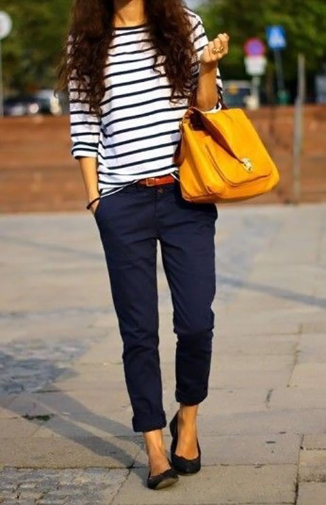 perfect casual outfit navy stripes and yellow