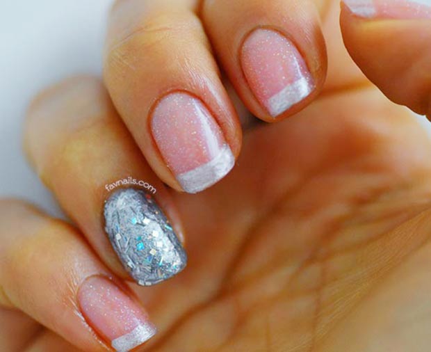 pink shimmer silver glitter french wedding nails