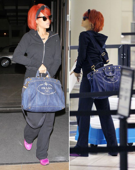 Rihanna travels with Prada denim tote