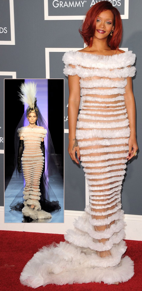 Rihanna white Jean Paul Gaultier dress 2011 Grammy Awards