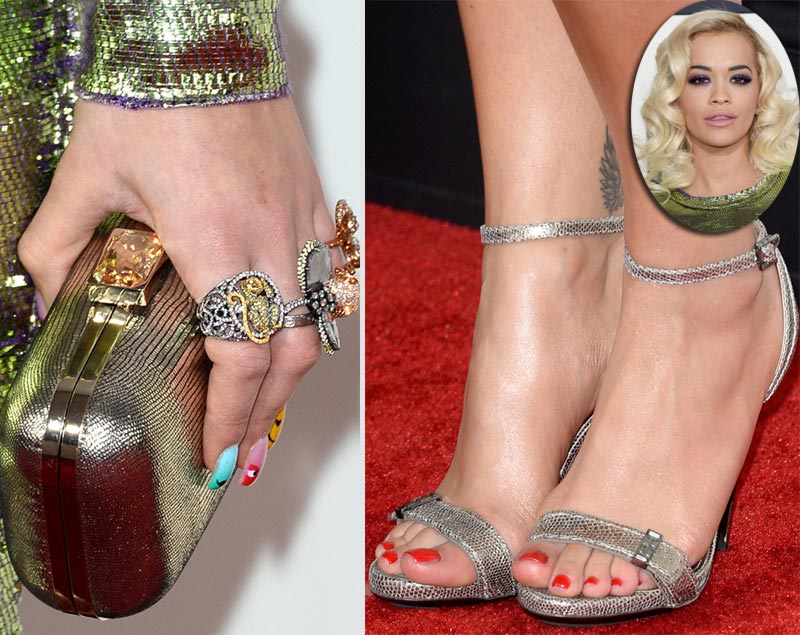 Rita Ora sandals clutch jewelry 2014 Grammy Awards
