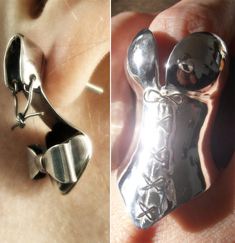 Silver Stiletto earrings corset ring