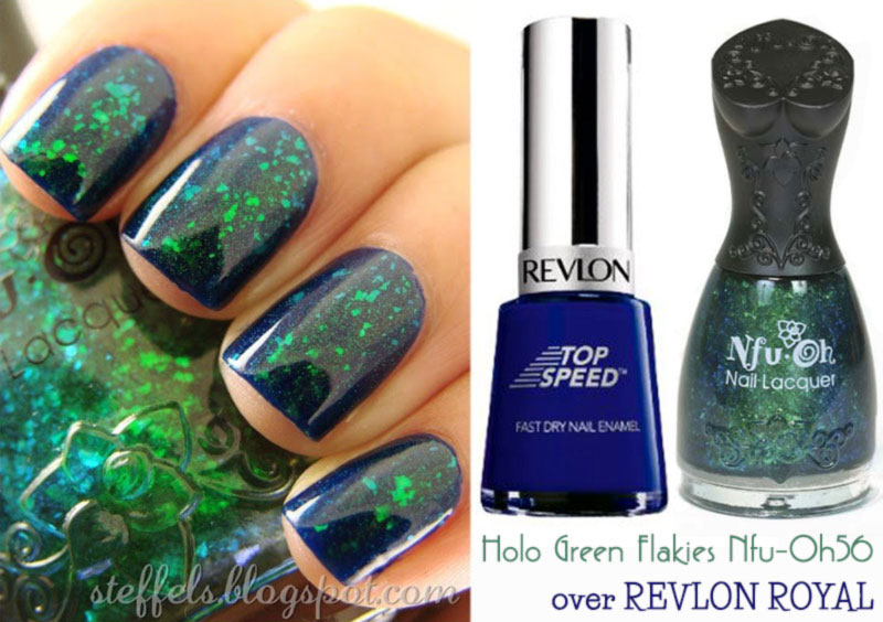 simple spring green nails Holo Flakies over blue nails