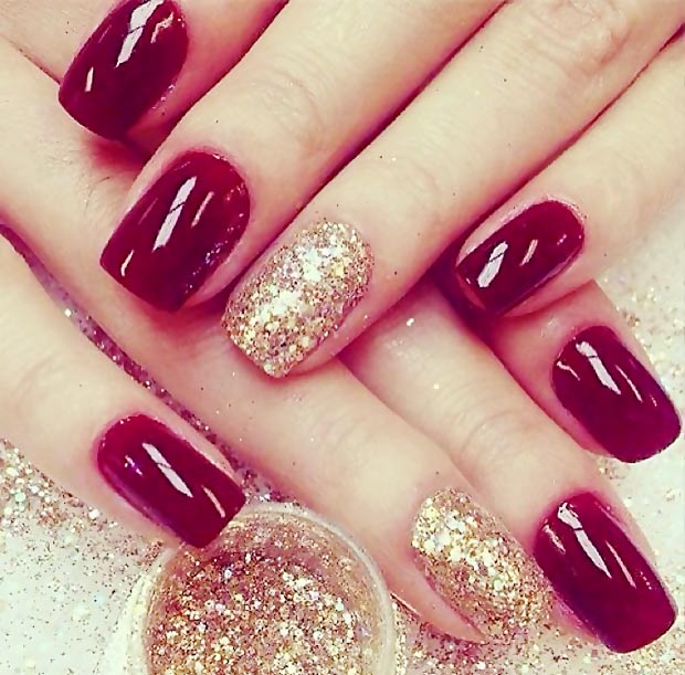 simple winter nails red gold glitter