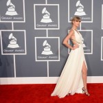 Taylor Swift 2013 Grammy Awards white dress leg slit