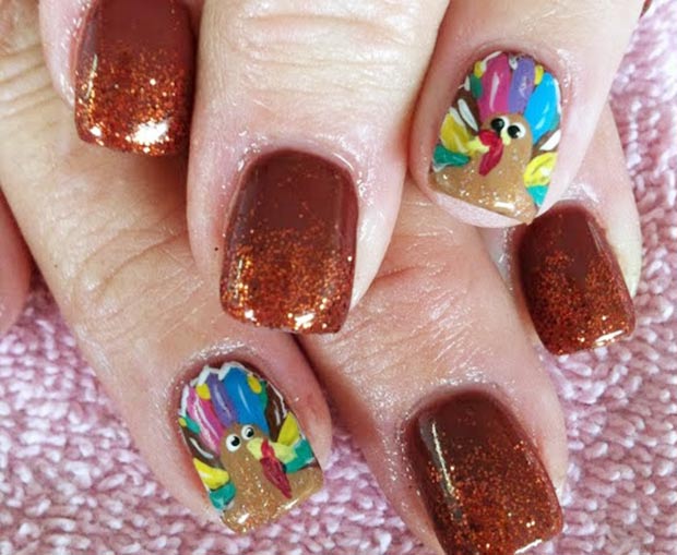 Thanksgiving nails colorful turkey accents