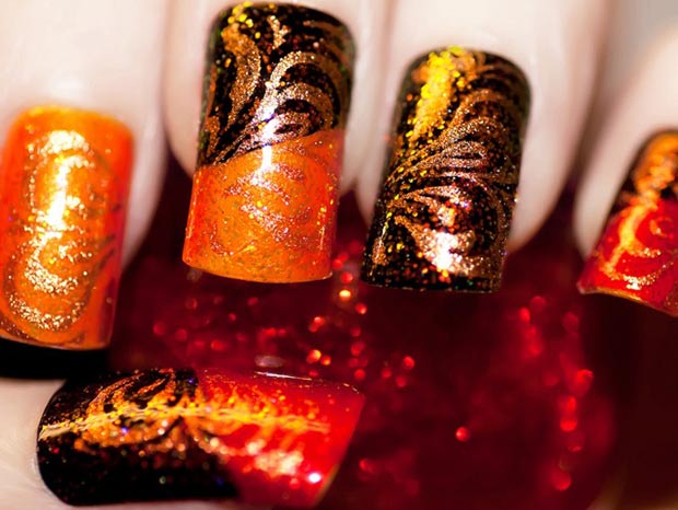 Thanksgiving nails orange brown holo stamped