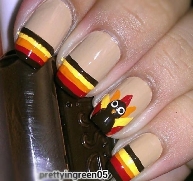 Thanksgiving nails striped french turkey accent