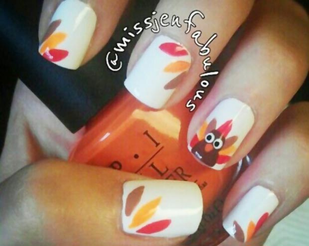 Thanksgiving nails Turkey colorful feathers