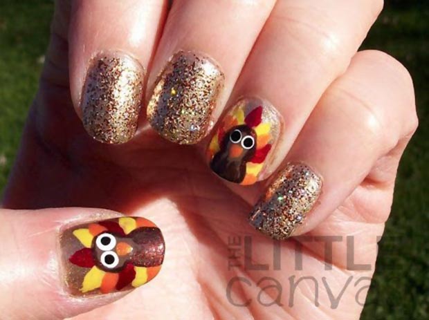 Thanksgiving nails Turkey gold glitter