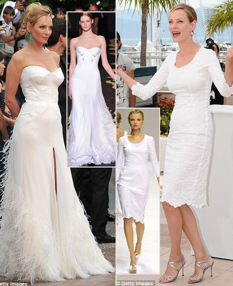 Uma Thurman white Versace white D G dresses Cannes 2011