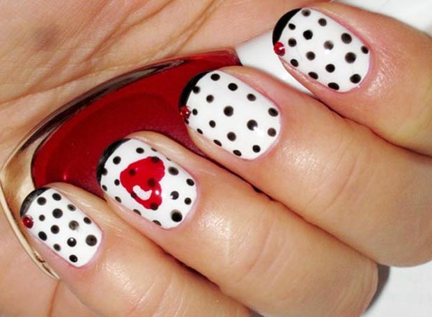 Valentines day polka dots nails red heart