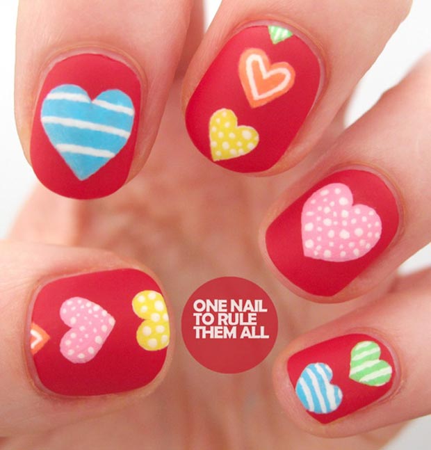 Valentines day red matte nails colorful hearts