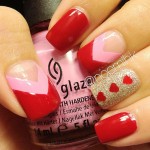 Valentines day red pink nails gold shimmer red hearts