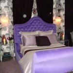 Zac Posen designed interior duplex NYC purple master bed