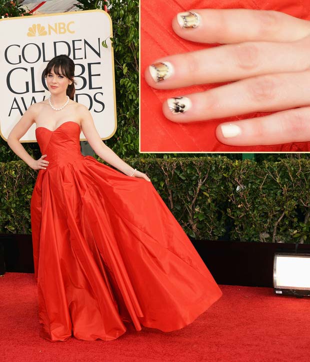 Zooey Deschanel cute nails red dress 2013 Golden Globes